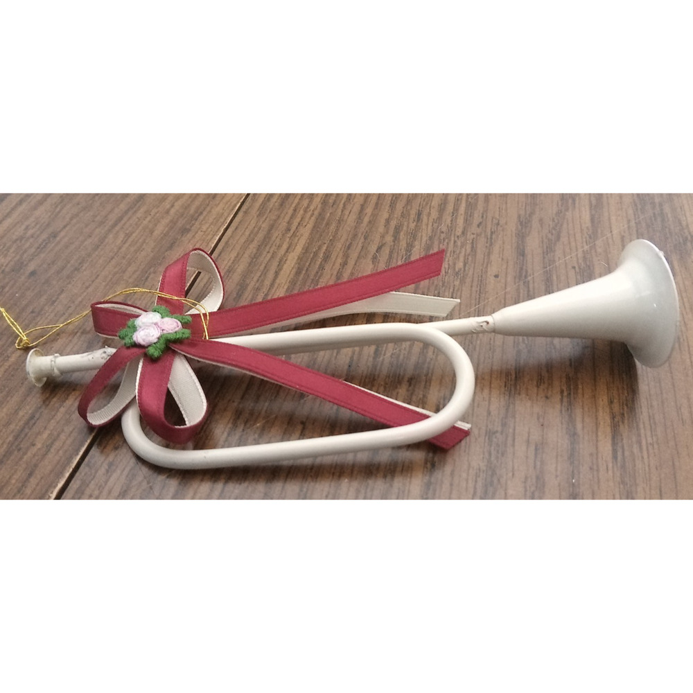 White Metal Trumpet With Red Flower Ribbon Ornament